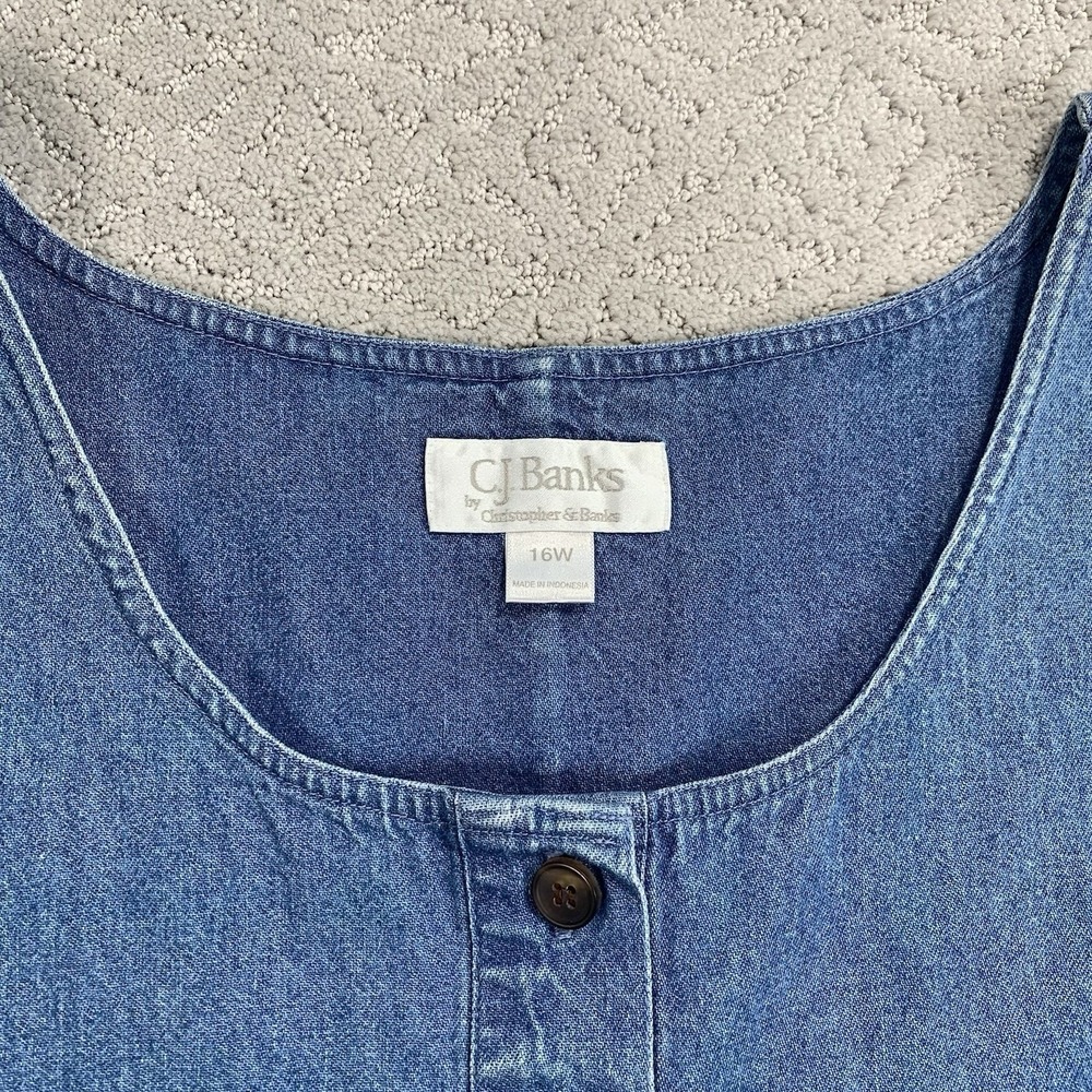 CJ Banks Denim Jumper Dress Womens 16W Blue Bee Embroidered Midi Pinafore - Picture 4 of 10